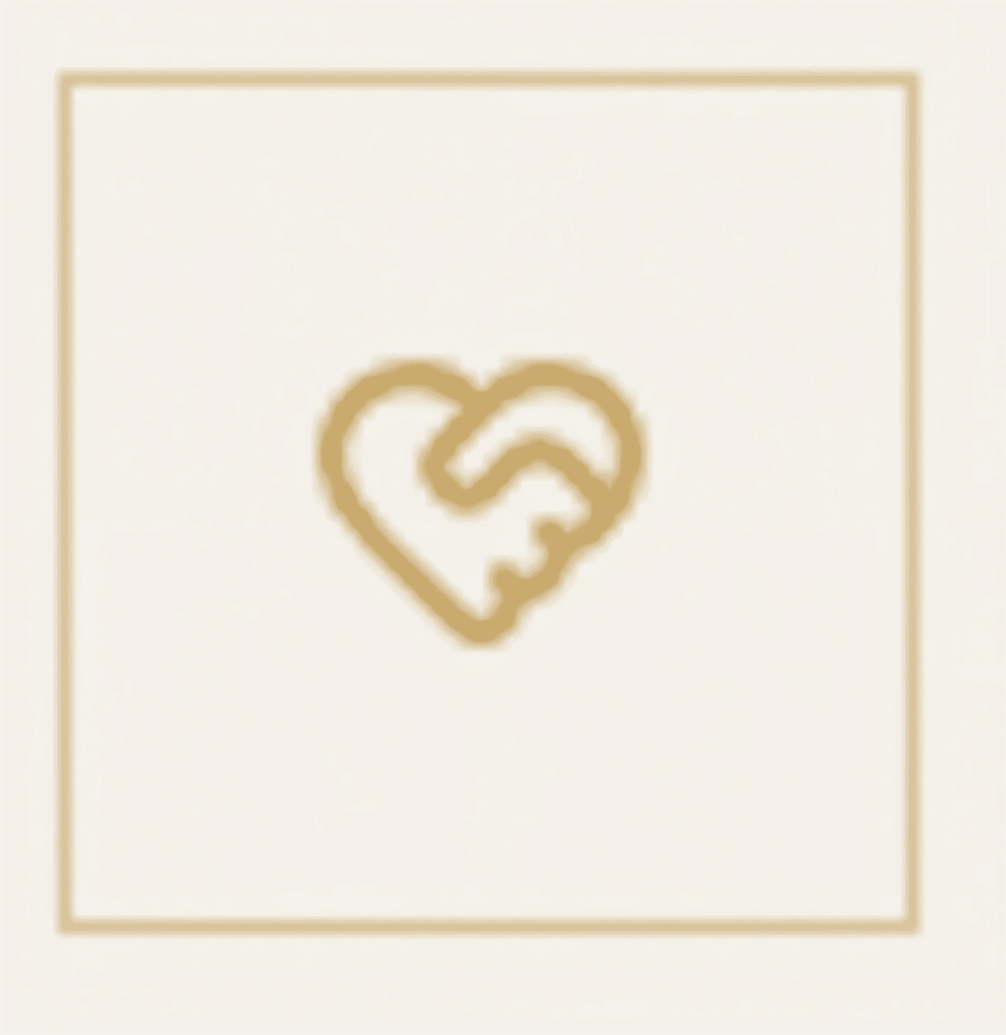 Gold outline of two hands shaking, forming a heart shape, centered inside a thin gold square frame on a light background.