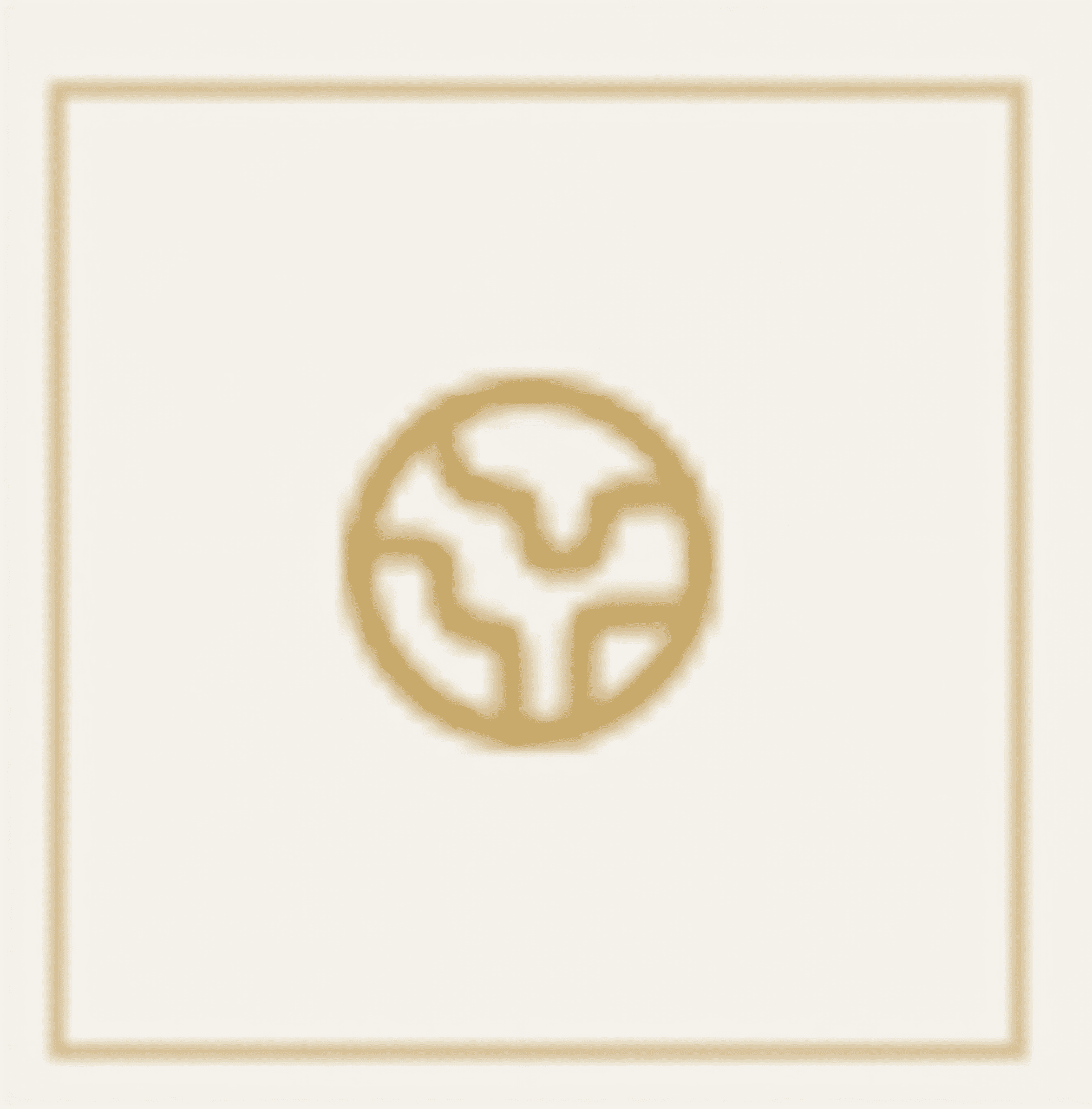 A simple brown icon of a globe with continents inside a square border on a cream background.